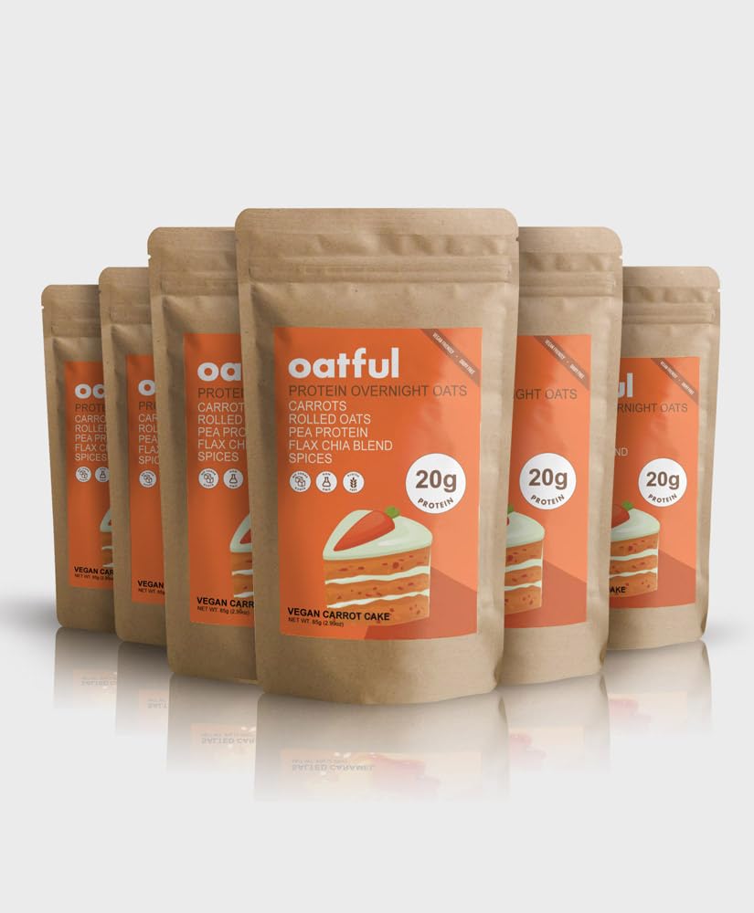 Oatful Overnight Oats – Vegan Carrot Cake 6 Single-Serve Pouches Total 510g | 20g Protein per Serving, Gluten Free, Sugar Free Healthy Breakfast or Snack