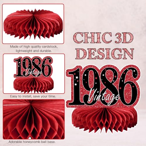 Image of 9Pcs 40th Birthday Decorations Red and Black 40th Birthday Party Decorations for Women,Happy 40 Years Vintage 1986 Aged Honeycomb Centerpieces Table Sign Decor Supplies