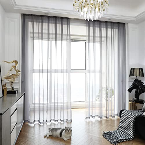 PHILEASY Window Sheer Gray Curtains 108 Inches Long 2 Panels Sheer Curtains Sheer Curtain Clear Transparent Basic Rod Pocket Panel 15 Colors 10 Size for Bedroom Living Room Yard Kitchen by PHILEASY - Used condition - US$9.00