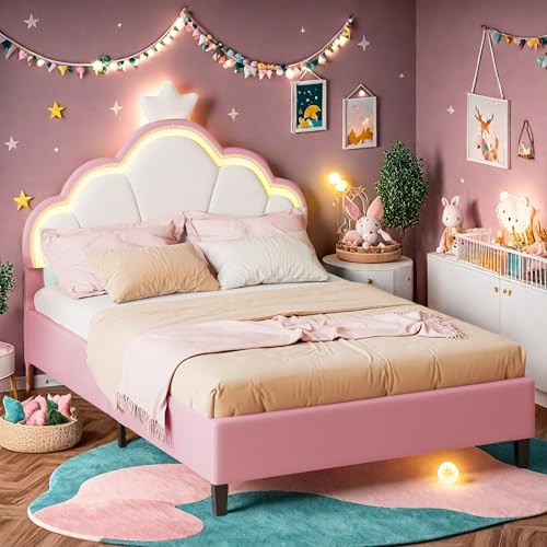 Cama Individual Acolchada 90 x 200 cm, Camas 90 x 200 niña, Cama Princesa con led Ajustable, Camas niña con somier de Listones y cabecera de Camas Ajustable, decoración de Corona, Terciopelo, Rosa