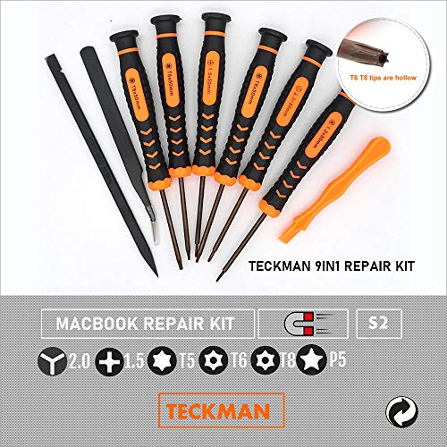 TECKMAN 9in1 Macbook Repair Kit with T5 T6 T8 Torx Screwdriver,P5 Pentalobe,Ph000 Phillips and 2.0Y Tripoint Screwdriver Set for Laptop,Macbook Air and Pro