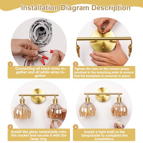 Image of Vintage Bathroom Light fixtures, Gold Vanity Lights, ETL Certified