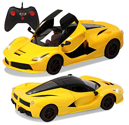 Image of Big Size Ferrari Rechargeable Yellow Racing Car with Remote Control Sports Openable Doors High Performance with Led Lights Kids Super Sports Car for Kids Speed Toy (Multicolor)