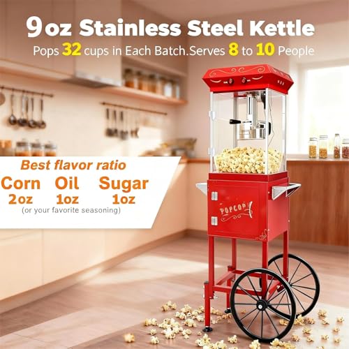 Image of Popcorn Maker Machine - 9OZ Stainless Steel Kettle, Popcorn Machine with Cart Wheels, Retro Theater Style for Home, Parties, Commercial, Office, Events, Markets, Christmas