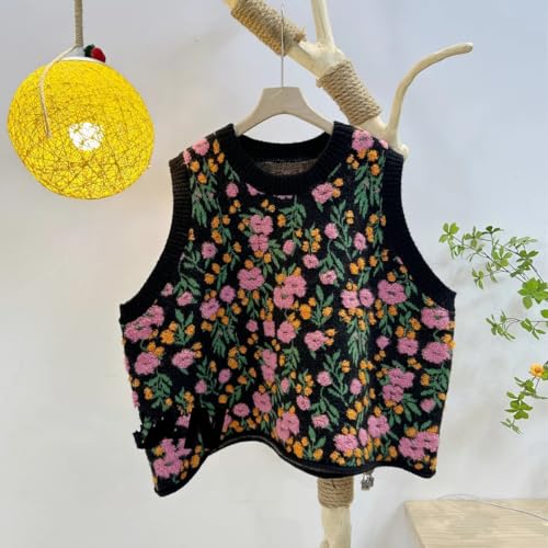 Image of Women Pink Peach Flower Embroidery Knitted Sleeveless O-neck Knitwear Sweater Vest, Large, Black