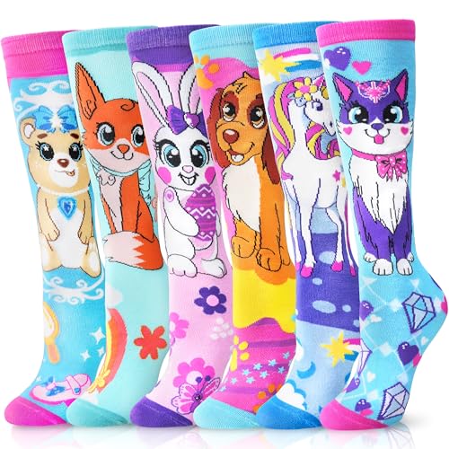 ANTSANG Kids Girls Knee High Socks Fashion Funny Crazy Stockings Gift Cute Novelty Long Boot Cotton Socks for Child 6 Pairs(Cartoon Animal A 3-12 Years)