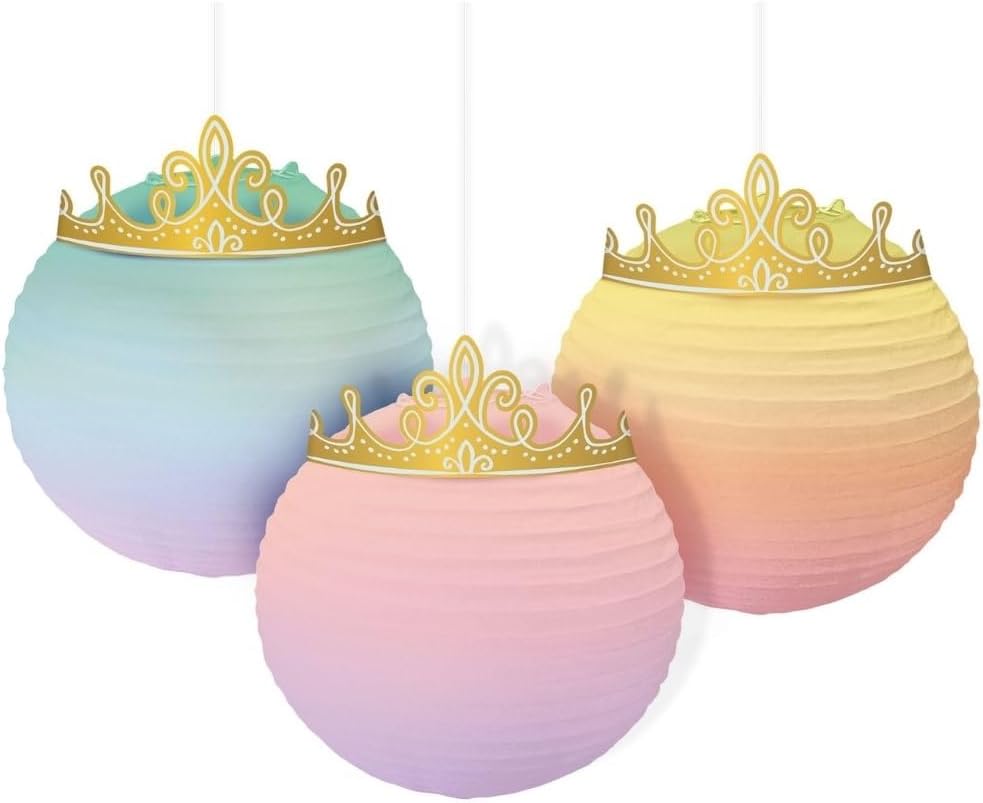 Disney Princess Enchanting Paper Hanging Lanterns - 12.5" x 9.5" (Pack of 3) - Tiara Embellished Hanging Decor, Perfect for Parties and Events