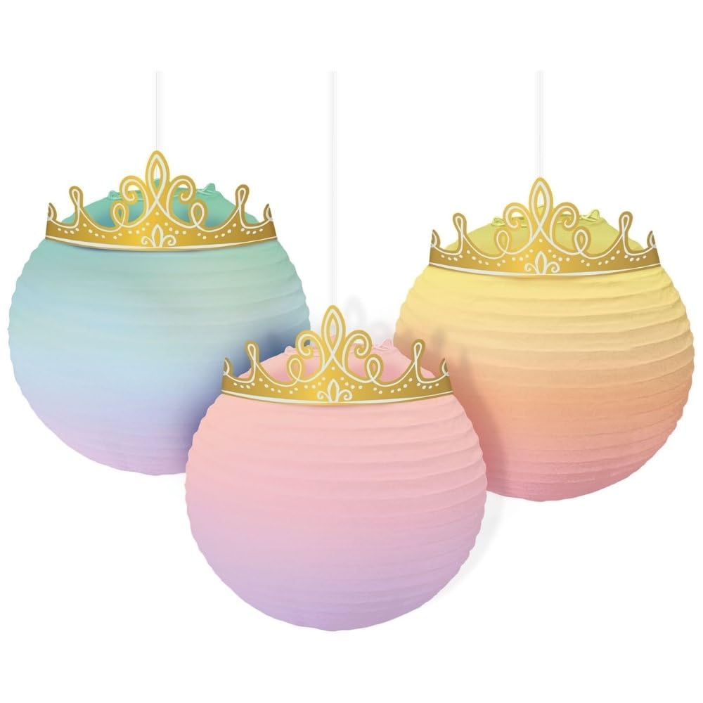 Disney Princess Enchanting Paper Hanging Lanterns - 12.5" x 9.5" (Pack of 3) - Tiara Embellished Hanging Decor, Perfect for Parties and Events