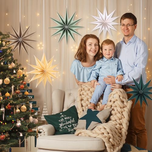 Image of 12 Inches 5 PCS Sage Green Paper Star Lanterns Hanging Stars Christmas Party Decorations Hanging Lampshade Christmas Wedding Birthday Christmas Home Party Decorations(12 Pointed)