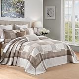 Bedduvit 100% Cotton 120"x128" Oversized California King Bedspread - Extra Wide Reversible Patchwork Plaid Quilts Bedding Set, All Season XL Cal King Floral Coverlet Set 3pcs Blanket, Brown/Gray/Beige
