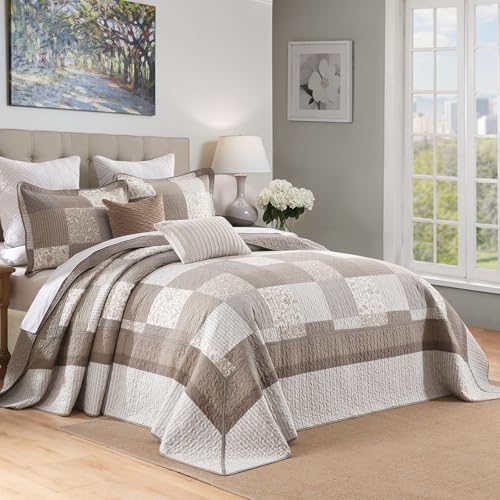 Bedduvit 100% Cotton 120"x128" Oversized California King Bedspread - Extra Wide Reversible Patchwork Plaid Quilts Bedding Set, All Season XL Cal King Floral Coverlet Set 3pcs Blanket, Brown/Gray/Beige