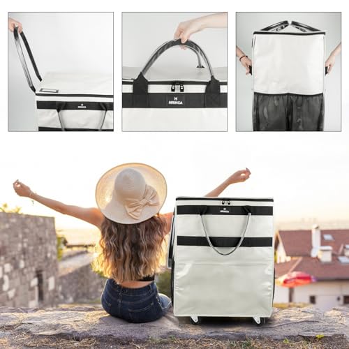 Reusable Grocery Bag with Wheels,Foldable Shopping Rolling Tote Bag,Shopping Trolley Cart with Zippered Top,Heavy Duty Handles,Lightweight,Carries Up to 66 LBS,X-Large,Beige