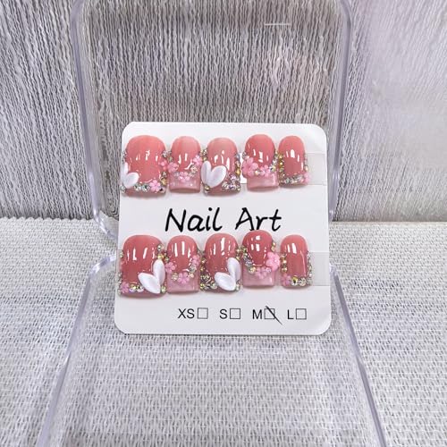 Handmade Press on Nails Square Short Fake Nails Pink French Tip with 3D Flower Designs Rhinestones Glossy luxury Cute Acrylic Nails for Women 10pcs (Size M