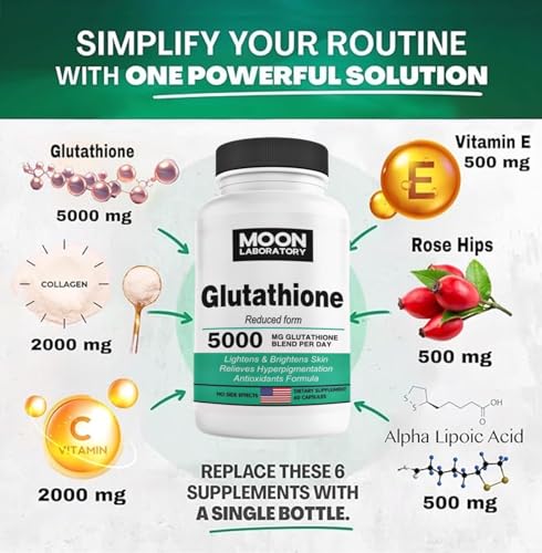Moon Laboratory Premium Glutathione Supplement 5000mg |Reduced Form|, Blend with Collagen & Vitamin C – Skin brightening, Antioxidant, Immune Support. 60 Softgels
