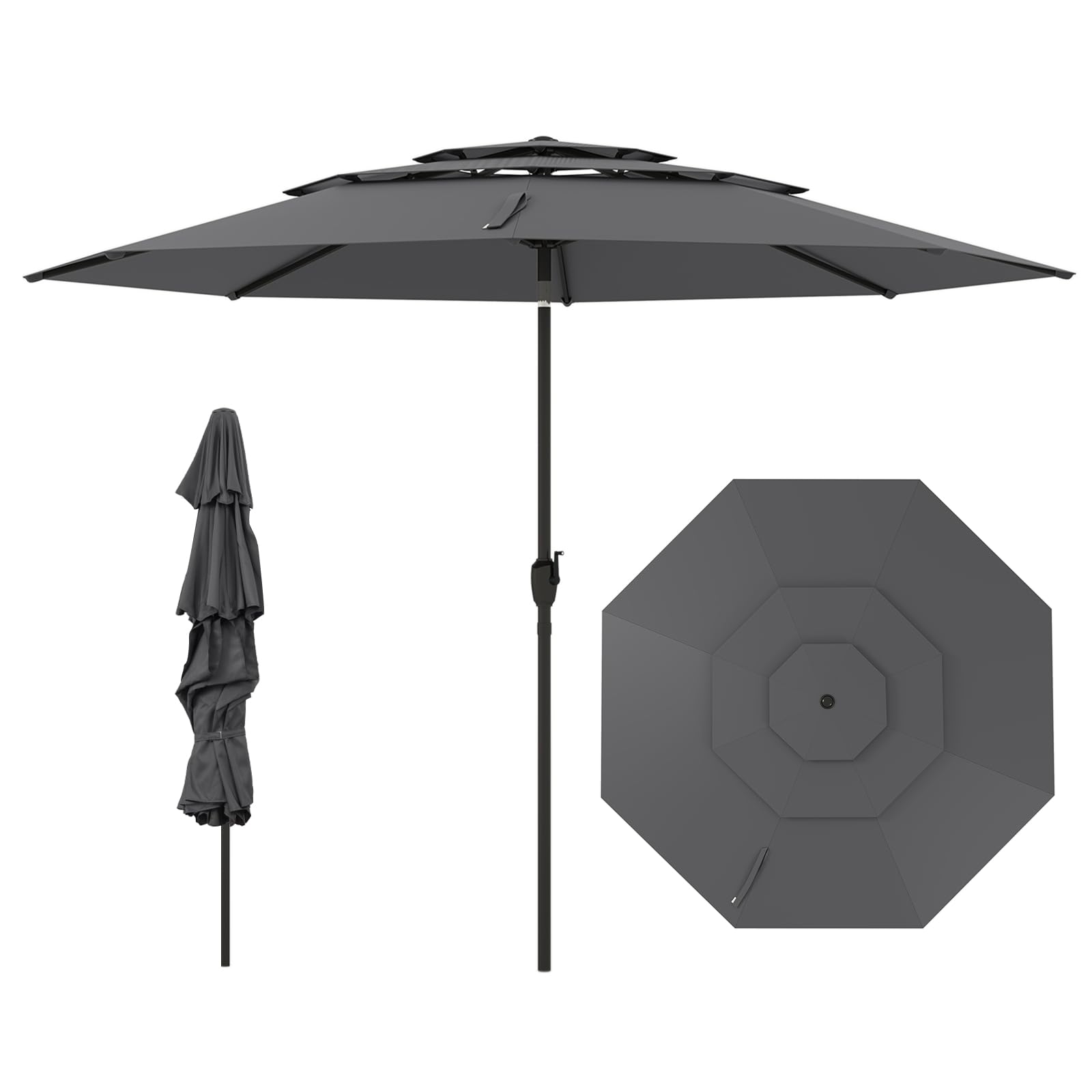 GOPLUS Sonnenschirm 300 cm, Gartenschirm mit Kurbel, beidseitig 30° neigbarer Terrassenschirm mit UV-Schutz, Marktschirm stabil mit 8 Rippen, Balkon Schirm für Strand, Pool, Garten, Grau