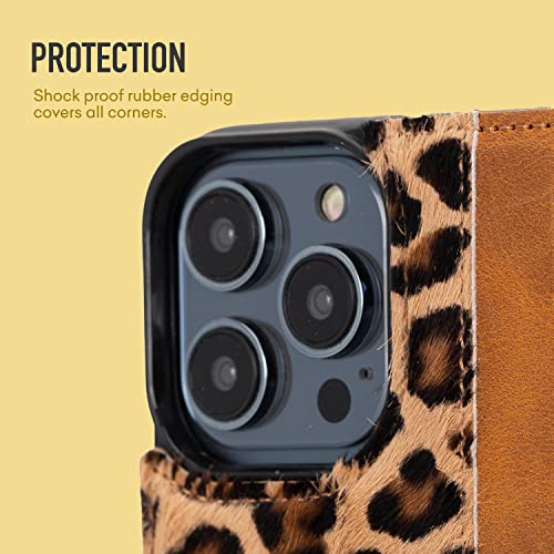 Bayelon Case For Iphone 14 Pro Max, Full Grain Leather Wallet Case, Detachable Magnetic Flip Cover With Card Slots, Kickstand, Iphone 14 Pro Max Case Compatible With Apple Magsafe (Leopard Pattern) #TOP1