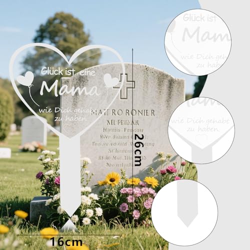 CZXCV Grabstecker Herz Grabschmuck Wetterfest 16 x 26 cm Weiß mit Spruch Glück ist eine Mama Grabdekoration für Friedhof Trauerspruch Grabschmuck Friedhof Grabdeko Wetterfest