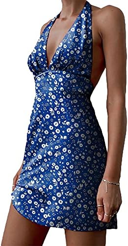 Women Cutout Mini Dress Y2K Sexy Floral V Neck Halter Bodycon Dress Backless A-Line Hip Dress Summer Club Wear 1 Women Cutout Mini Dress Y2K Sexy Floral V Neck Halter Bodycon Dress Backless A-Line Hip Dress Summer Club Wear