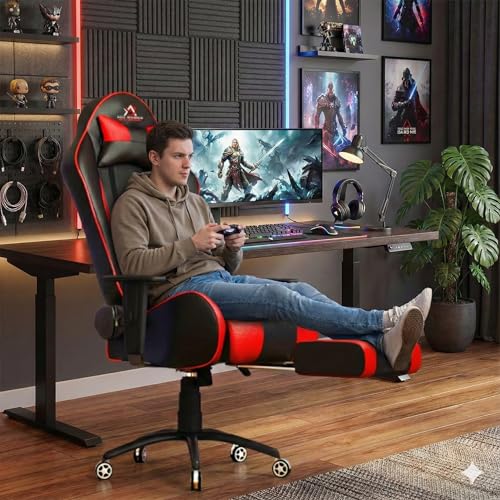Image of ASE GAMING Gold Series Ergonomic Gaming Chair with Footrest Premium PU Leather, Adjustable Neck & Lumbar Pillow, 180 Degree Recline with Black Metal Base with 3 Years Warranty (Red)