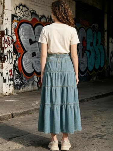 WINHORSE Womens High Waisted Long Denim Skirt Tiered Ruffle Swing A-Line Summer Boho Jean Maxi Skirts with Pockets, Vintage Blue, M — view 6