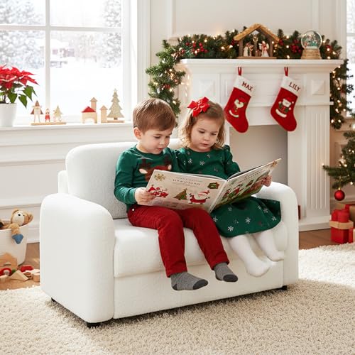 Image of INFANS Kids Sofa, 2 Seat Soft Thick Upholstered Couch with Plush Fabric Solid Wooden Frame, Armrest Chair Lounge for Playroom Kids Boys Girls