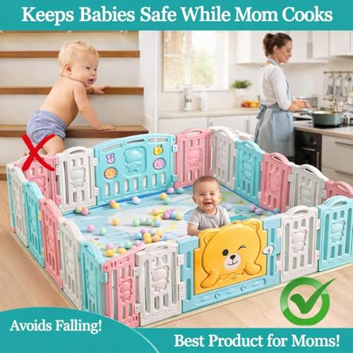 Image of Large Baby Playpen 18 Panels /36 Sq Ft Play Area Indoor Setup with Mat ,balls | Play Yard for Babies 0-3 Years with Padded Boundary |Indoor Outdoor Toddler , infant fence Activity Center with Safety Door Lock & Suction Cups (6 * 6 FT)