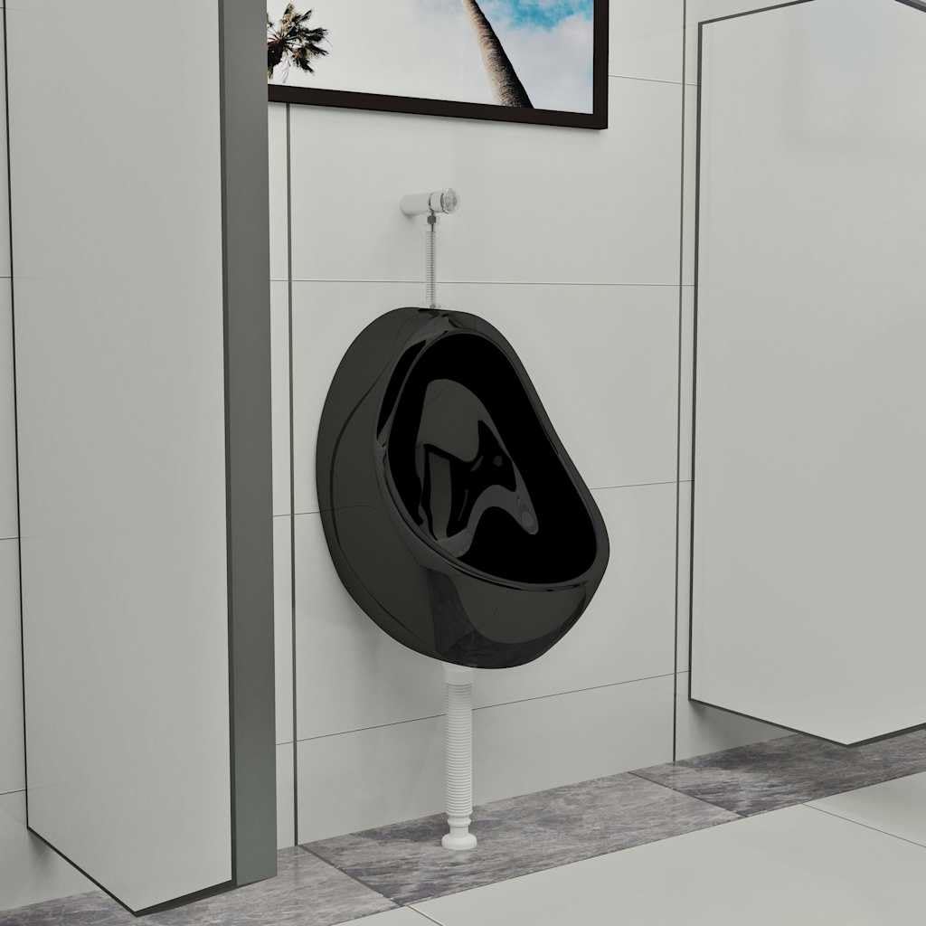 Urinario de pared de cerámica negra con válvula de descarga y desagüe, 33 x 31 x 48 cm para baño, aseo de invitados y comercio, fácil montaje en pared, higiénico, duradero