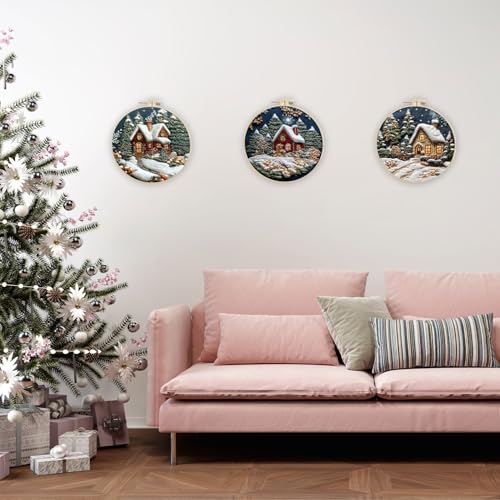 Image of EOBTAIN 3 Pcs Winter Christmas Embroidery Kit for Beginners,Christmas Village Embroidery Starter Kit Green Xmas Tree Snow Scene Stamped Patterns with Hoop,Thread,Needles,Hand DIY Craft Kits for Adults