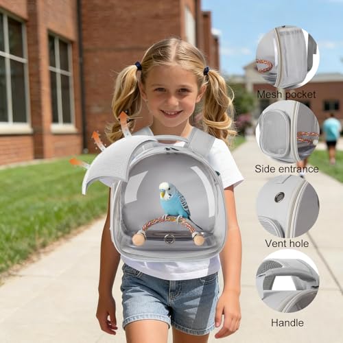 Image of Small Bird Travel Backpack Carrier Cage, Backpack to Transport Backpack Carrier with Metal Tray Stand Perch for Parakeet Cockatiel Budgies Vet Carry Book Bag Grey