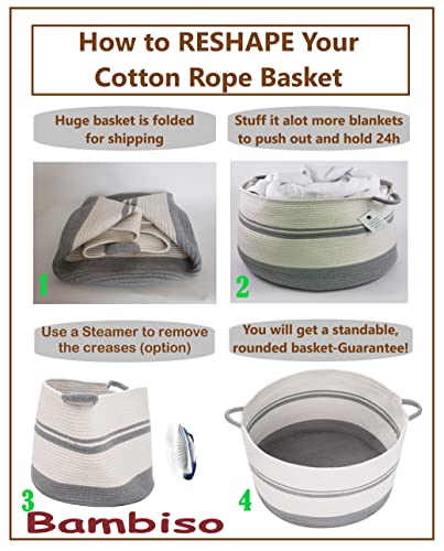 Bambiso Xxxxlarge Grey Cotton Rope Basket Size 22"X22"X16" Blanket Basket Woven Fabric Storage Laundry Basket, Kids Toys Bin, Baby Nursery Organizer Or Hamper, Floor Decor Basket (Bright Grey) #TOP3