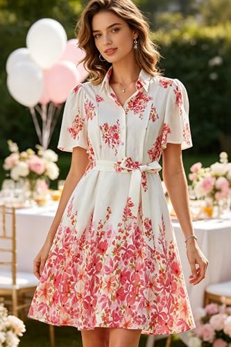 Image of Women Long Sleeve Spring Button Down A-Line Floral Print Summer Cocktail Shirt Dresses with Belt