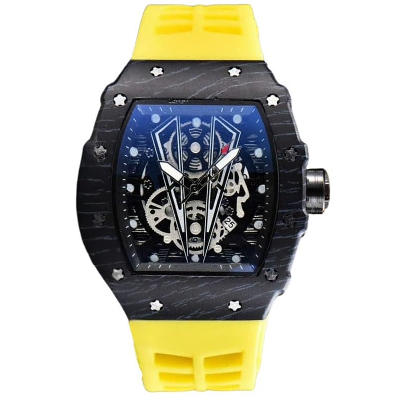 Image of Richard Hot-Selling Colorful Wood Grain Bull Style Barrel-Shaped Fashion Watch - Large Dial Pointer, Stainless Steel, PU Strap, Alloy Case, Black Color