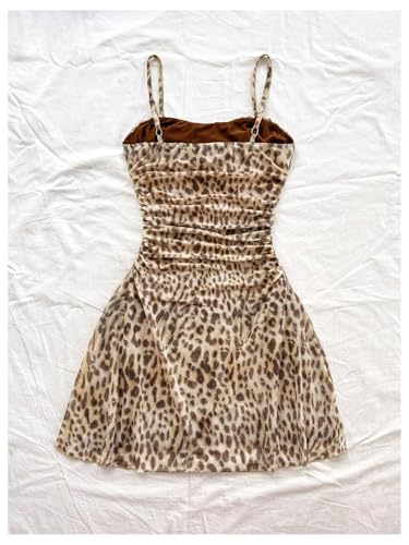 Image of Verdusa Women's Cheetah Print Dress Y2K Leopard Fitted Mini Dresses Spaghetti Strap Mesh Dress