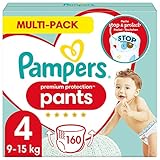 Pampers Baby Windeln Pants Größe 4 (9-15kg) Premium Protection, Maxi mit Stop- und Schutz Täschchen, MONATSBOX, 160 Höschenwindeln