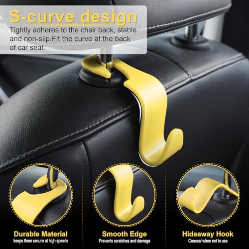 Image of LivTee Car Seat Headrest Hook, Car Headrest Hidden Hook, 4 Pack Universal Auto Car Back Seat Hook Organizer for Purse Coat, Car Interior Accessories (Yellow)