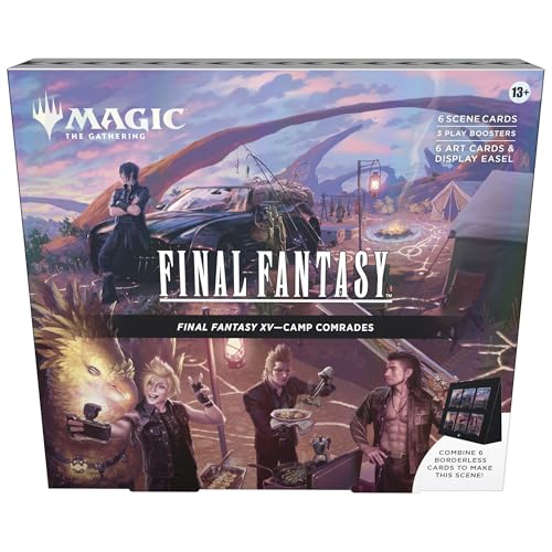 Magic: The Gathering - Final Fantasy XV Scene Box - Camp Comrades | 6 Foil Borderless Scene Cards 6 Art Cards 3 Play Boosters + 1 Display Easel
