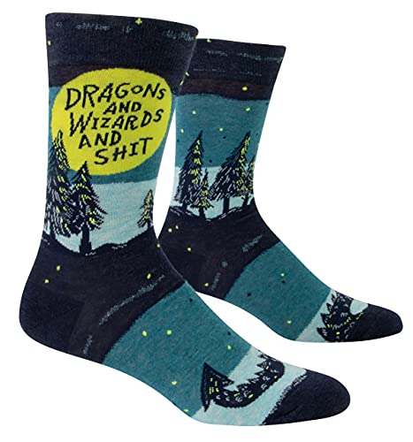 Blue Q Mens Crew Socks - Funny Novelty Crazy Socks with Fun Sayings for Men Silly Gift for Dad Husband or Guys Happy Cool Funky Unique Design - Dragons and Wizards and Shit Fit Shoe Size 7-12