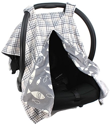Image of Dear Baby Gear Deluxe Reversible Car Seat Canopy, Custom Minky Print, Fish on Grey /Grey Tan Plaid