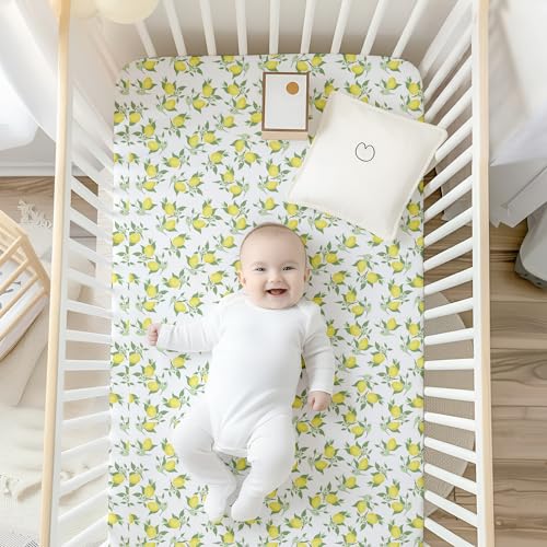Image of Fitted Cot Crib Sheet for Baby - Lemon Print, Soft & Breathable Newborn Bedding, Deep Pocket All-Round Elastic Fitted Crib Sheet (28 inchx52 inch / 132x71 cm)