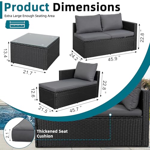 SUNLEI 3-Piece Patio Sectional Sofa, Patio Furniture Set with Detachable Soft Cushions, Outdoor PE Rattan Patio Conversation Sofa Set with Glass Coffee Table & Ottoman, Black Rattan/Grey - Image 3