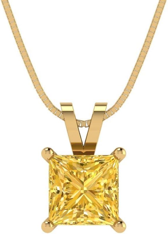 Clara Pucci 14K Yellow Gold Plated Solitaire 16" Box-Chain Necklace - Sterling Silver 1ct Princess Cut Citrine Pendant