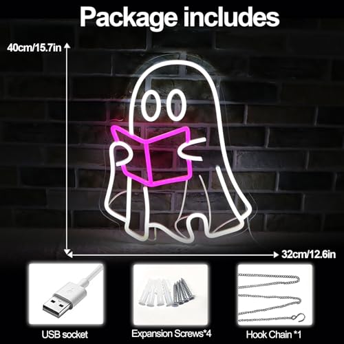 Image of Ghost Reading Book Neon Sign | LED Neon Light, Hanging Design, For Bedroom Home Library Reading Room, Kids Room Store Decor