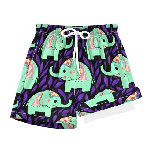 YANENDIE Boy Swim Trunks with Compression Liner Mint Elephants Leaves Boys Swim Shorts Quick Dry Beach Shorts