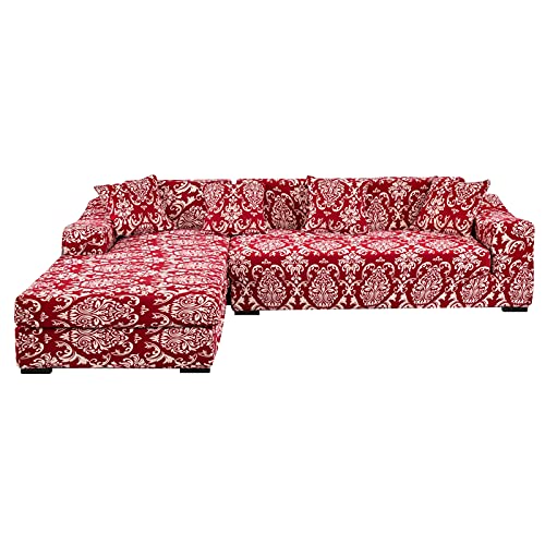 Mifxin Sectional Sofa Cover 2 Piece Stretch 3 Seat L Shape Couch Slipcovers Elastic Printed Sectional Sofa Furniture Protector For Living Room With 4Pcs Pillow Covers (Red) #TOP23