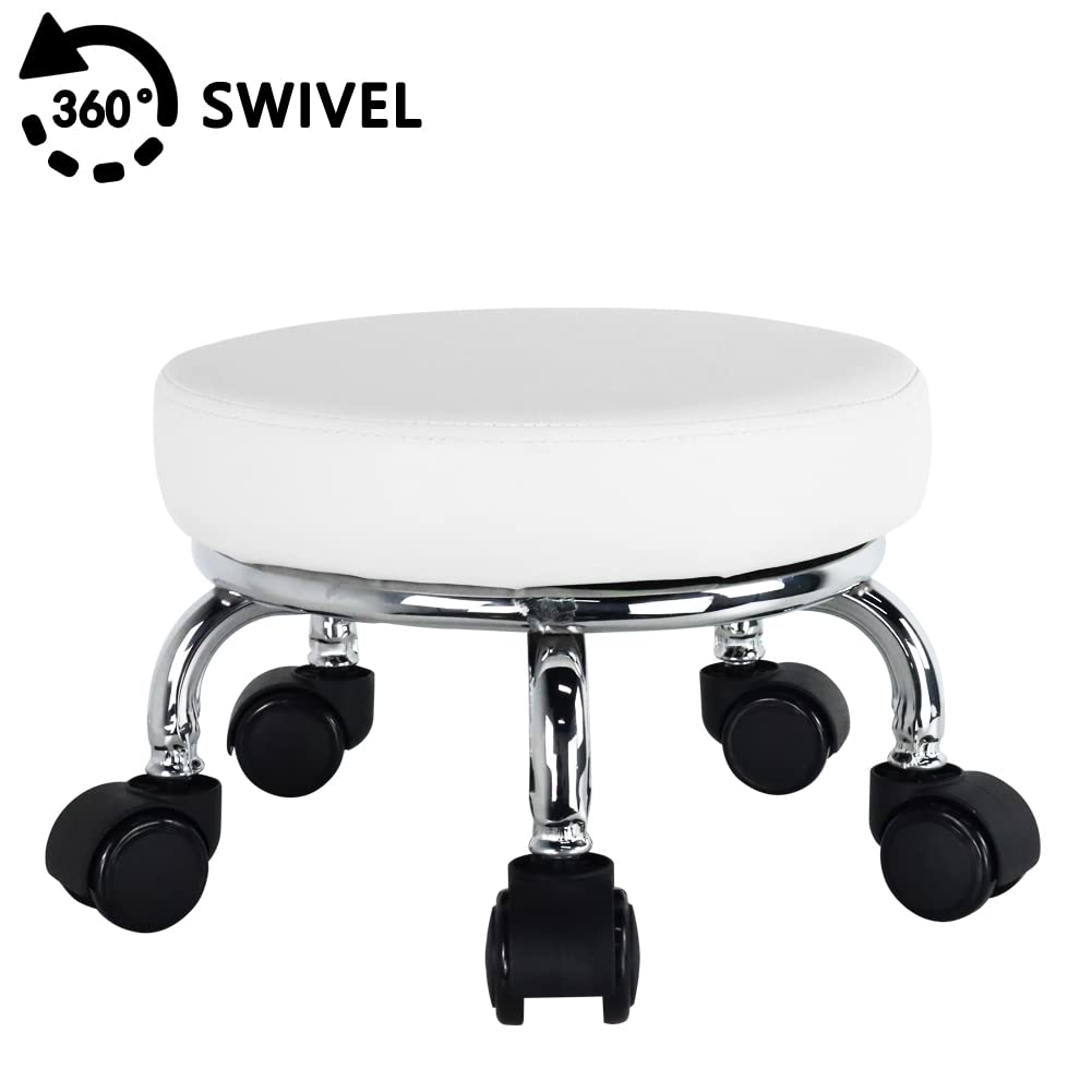 WKWKER Roller Seat PU Cuir Bas Rond Rolling Tabouret Petit Tabouret avec roulettes Pivotantes Universelles pour Home Office Garage Shop Fitness Sport. Blanc