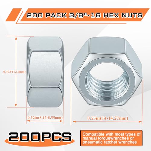 Image of Yaocom 200 Pack 3 /8 inch-16 Zinc Hex Nuts Electro Galvanized Finish Bright Silver UNC Coarse Thread Hex Nuts Bulk Compatible with Bolts and Threaded Rods of The Same Specification