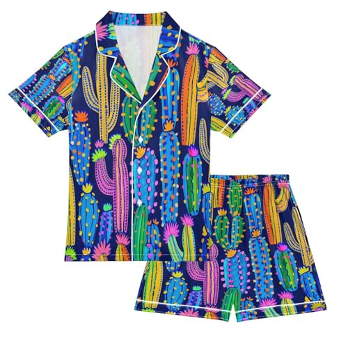 senya Pajama Sets Silky Button Down Nightwear Sleepwear Size 5-14 Years Blue Purple Cactus