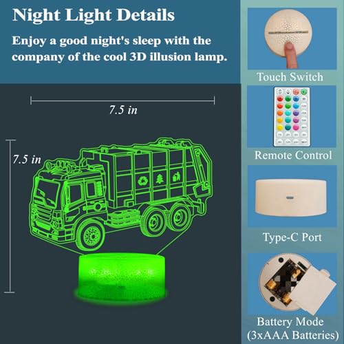 Image of Garbage Truck Night Light, Garbage Truck Car Gifts, Sanitation Truck 3D Illusion Lamp with 16 Colors Changing, Timer, 4 Flash Modes and Dimmable, Kids Boys Girls Room Decoration, Holiday Xmas Gifts