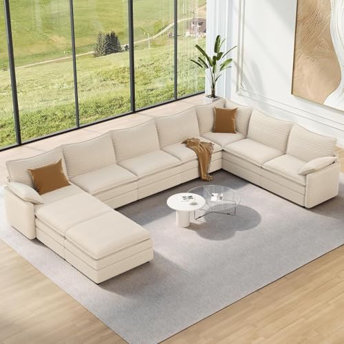 Image of Vesgantti 169 inch Large Modular Sectional Sofa, Big Comfy Cloud Couch with Ottoman Deep Seat Corduroy Cloud Sofa, 9 Seater Oversized Sectional Couches for Living Room, Apartment, Office, Beige | Sink-in Comfort
