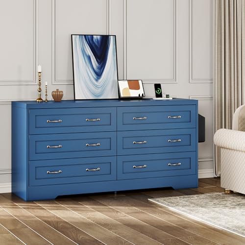 DWVO Farmhouse 6 Drawer Dresser for Bedroom, 59" Wide Modern Dresser TV Stand with Large Drawers & Bar Handles, Storage Dressers with Power Outlets, Rustic Wood Chest of Drawers, Blue